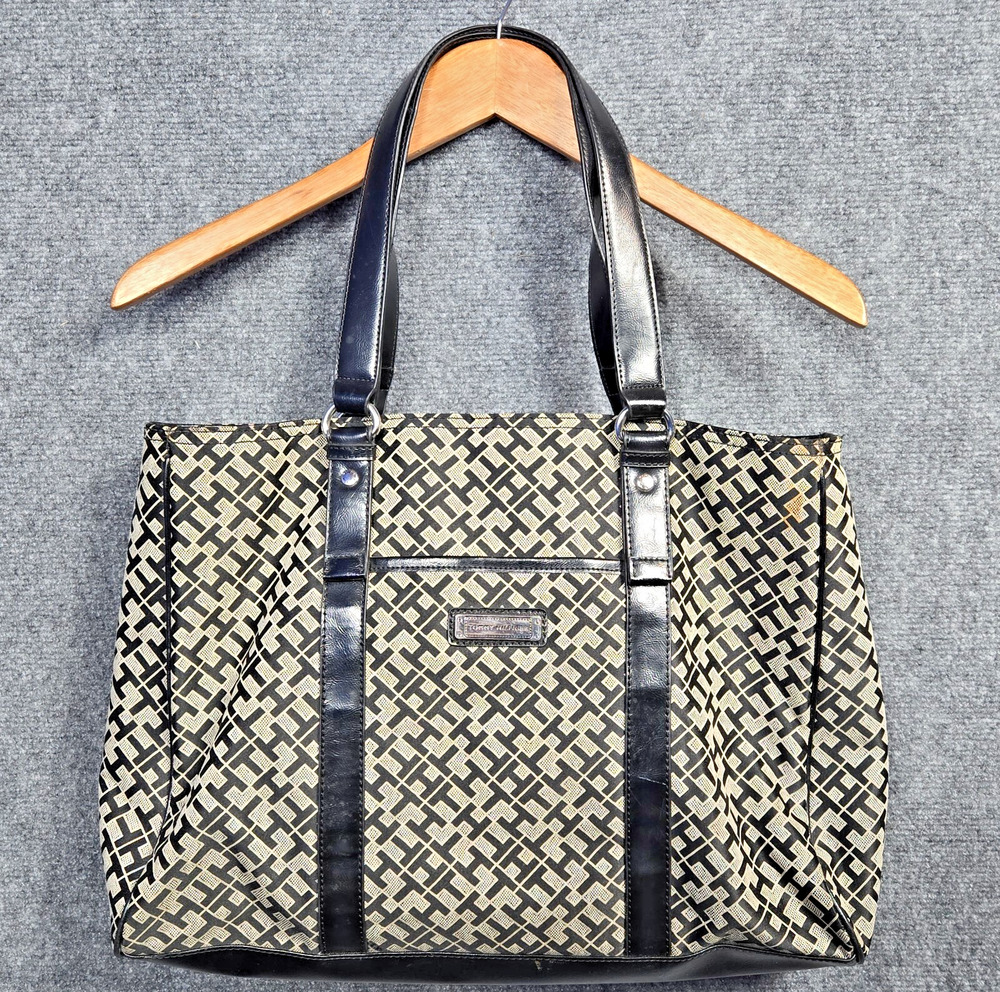 TOMMY HILFIGER WOMENS Black & Silver MONOGRAM SHOULDER BAG PURSE TOTE